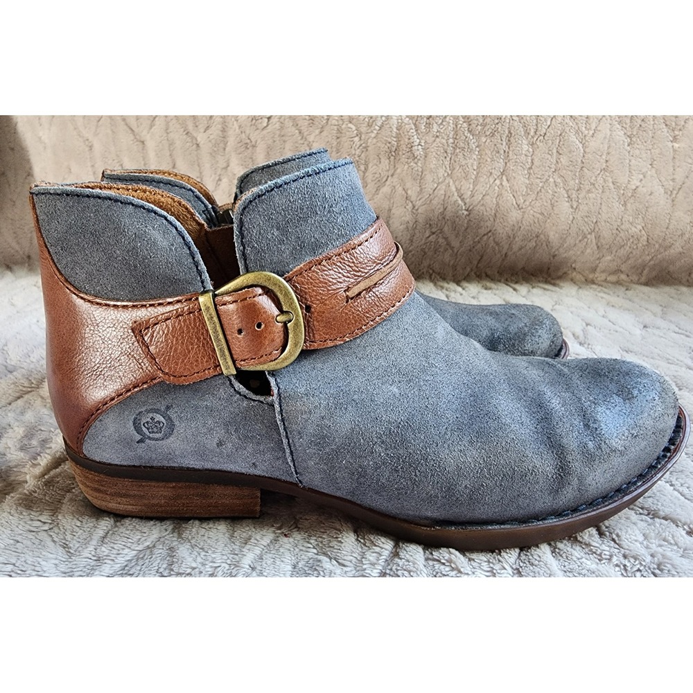 Born Kerri Blue Suede Brown Leather Buckle Ankle Boots Womens 7.5M - Picture 2 of 11